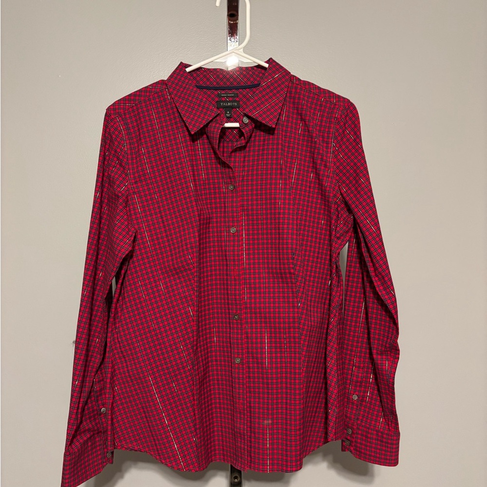 Talbots Red Holiday Plaid Size small Button Up Blouse NWOT